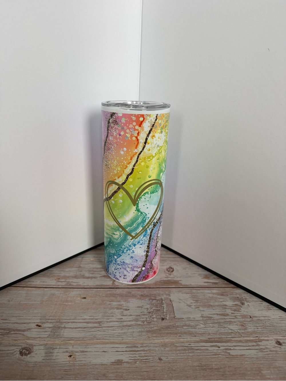 Colorful Rainbow Heart Stainless Tumbler, watercolor